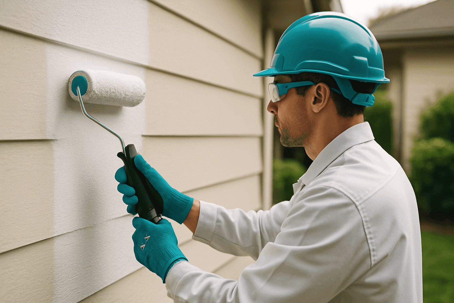 Professional painter in safety gear applying paint to exterior house wall