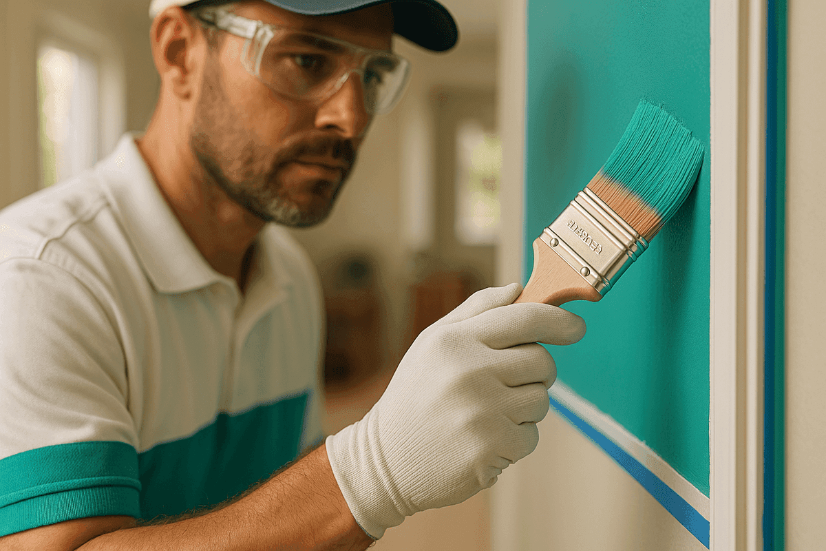Close-up of painter’s gloved hands applying teal paint to interior wall
