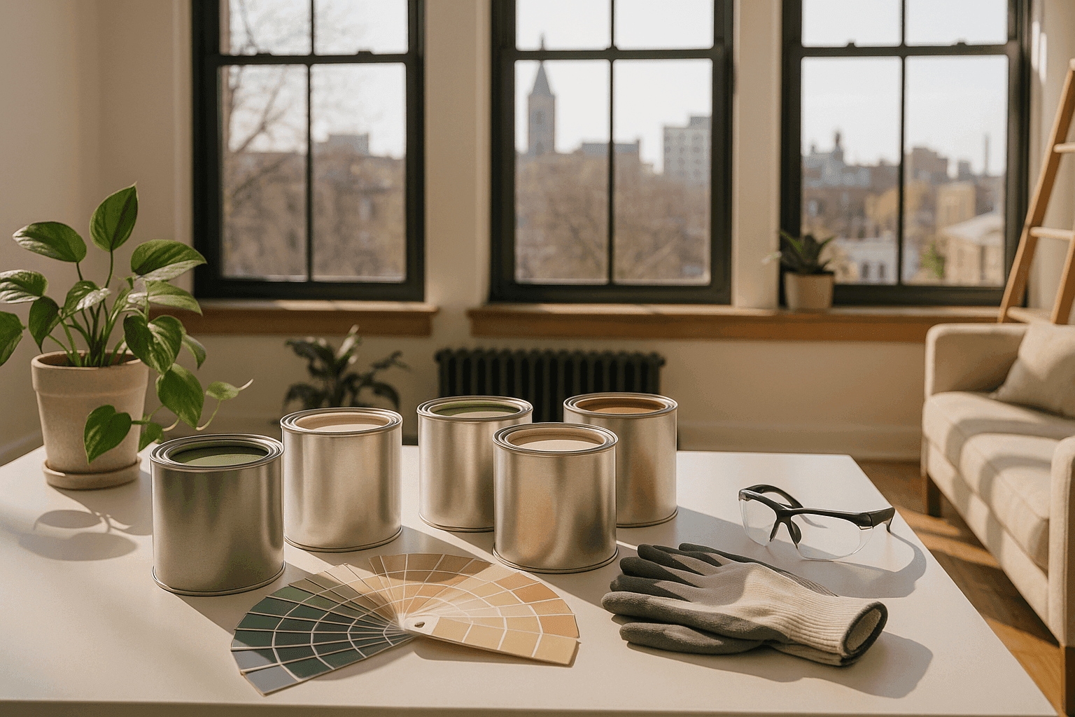 Selection of eco-friendly paint cans and color swatches in a sunlit room