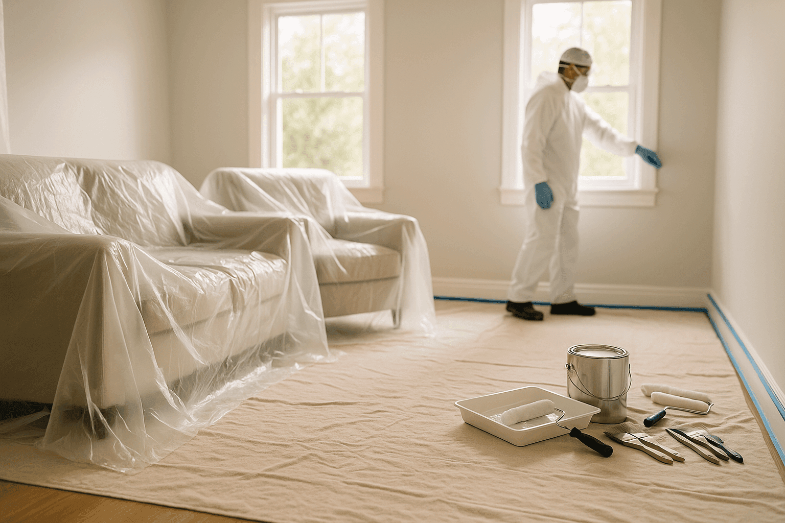Homeowner preparing living room for painting by moving furniture and taping baseboards