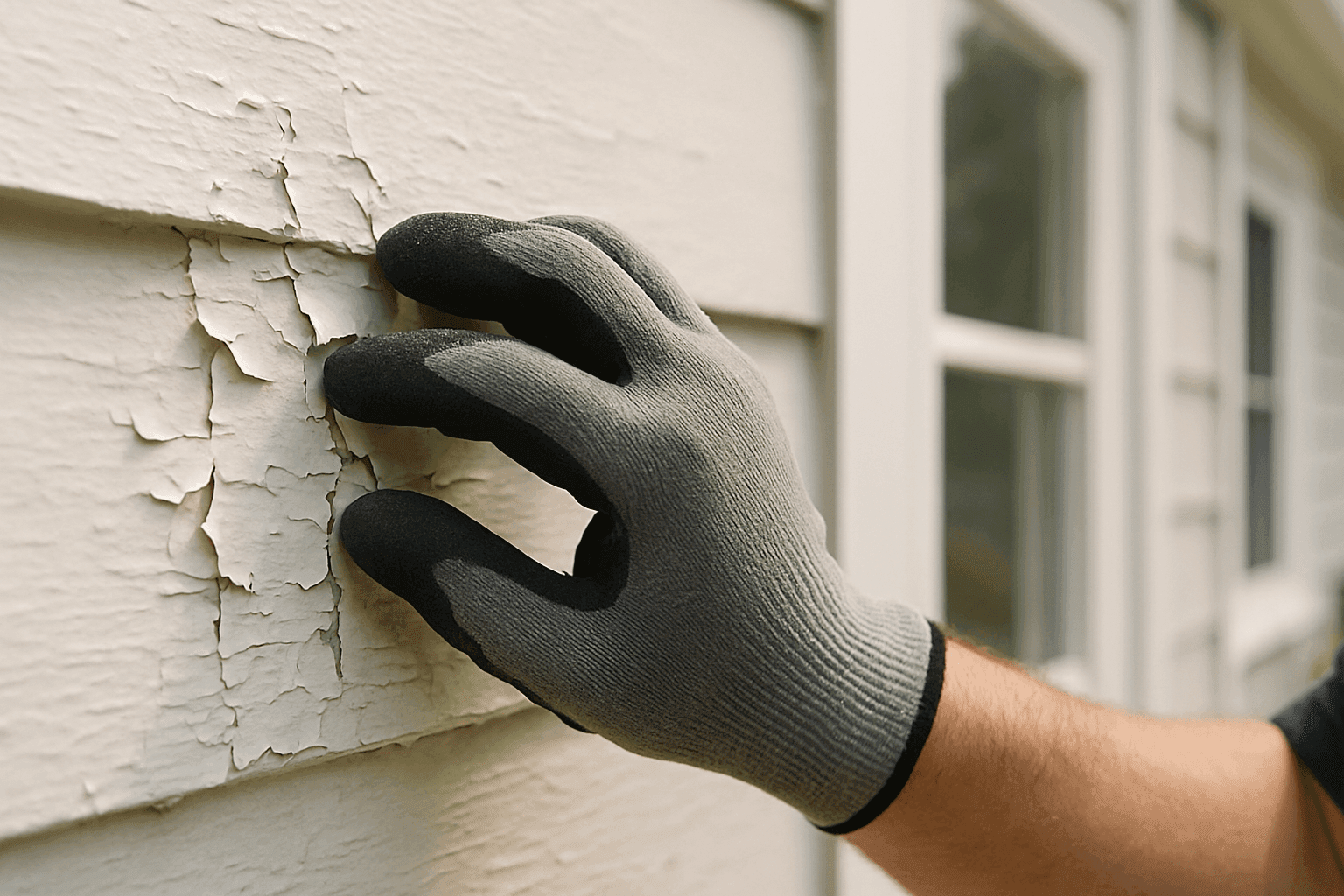 Close-up of a homeowner inspecting peeling paint on a house exterior with a gloved hand